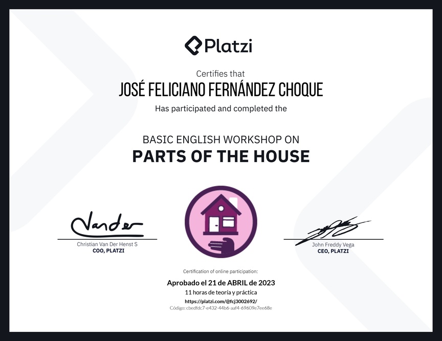 Diploma de Taller de Inglés Básico sobre las Partes de la Casa (2022)