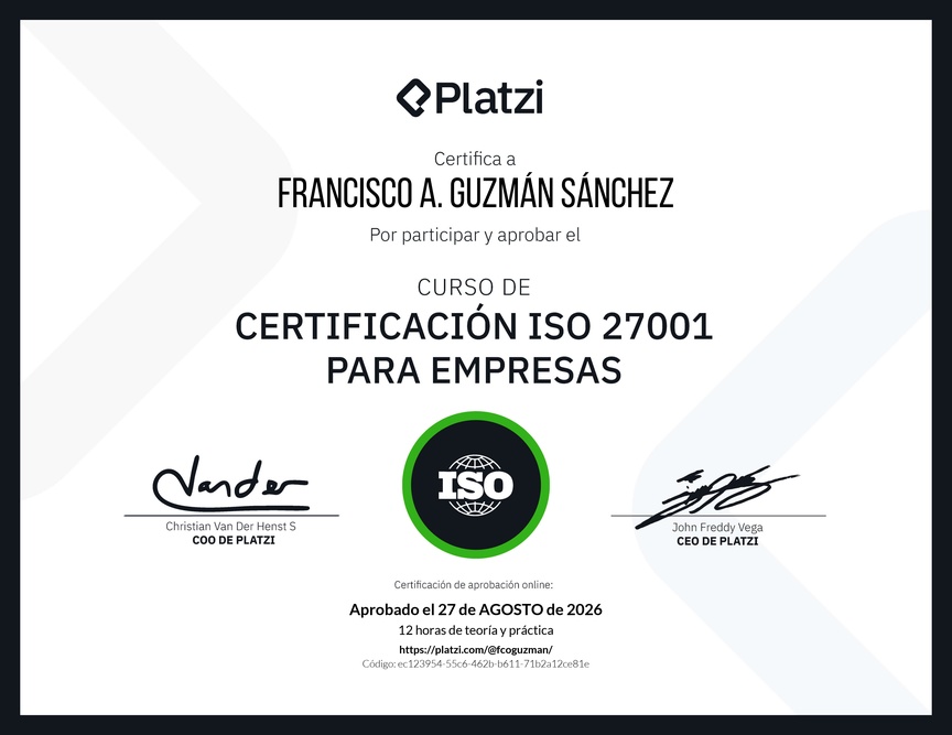 Diploma del Curso de Certificación ISO 27001 para Empresas