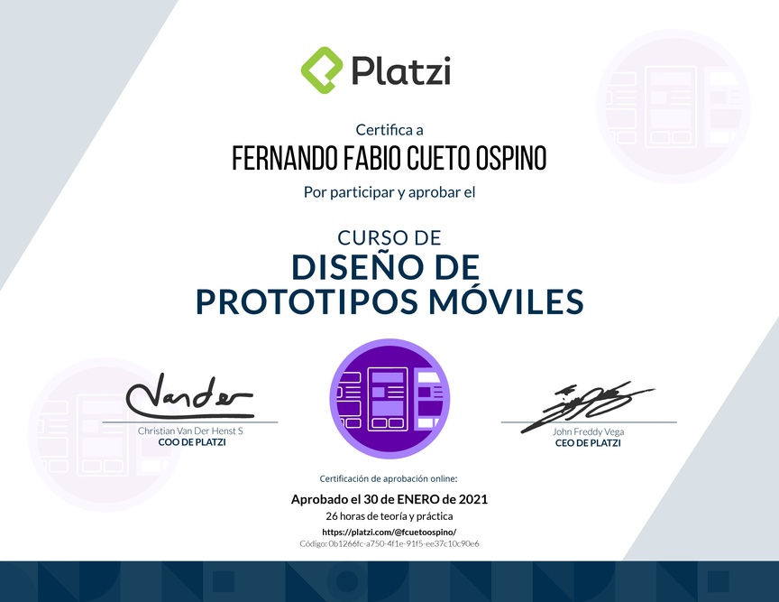 Diploma del Curso de Diseño de Prototipos Móviles