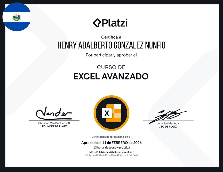 Diploma del Curso de Excel Avanzado