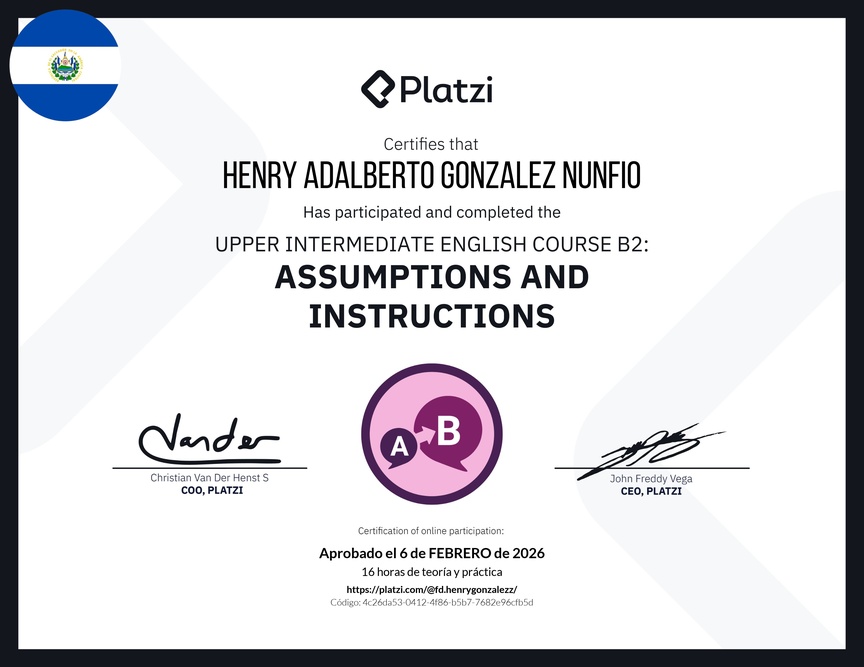 Diploma del Curso de Inglés Intermedio Alto B2: Suposiciones e Instrucciones