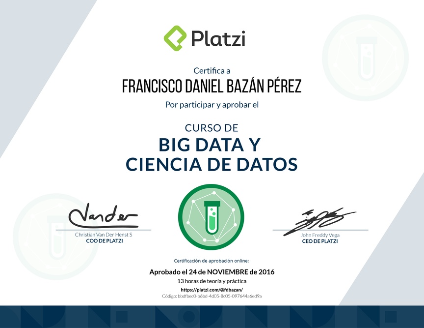 Diploma del Curso de Big Data y Ciencia de Datos 2016