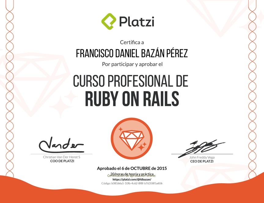 Diploma del Curso profesional de Ruby on Rails 2015