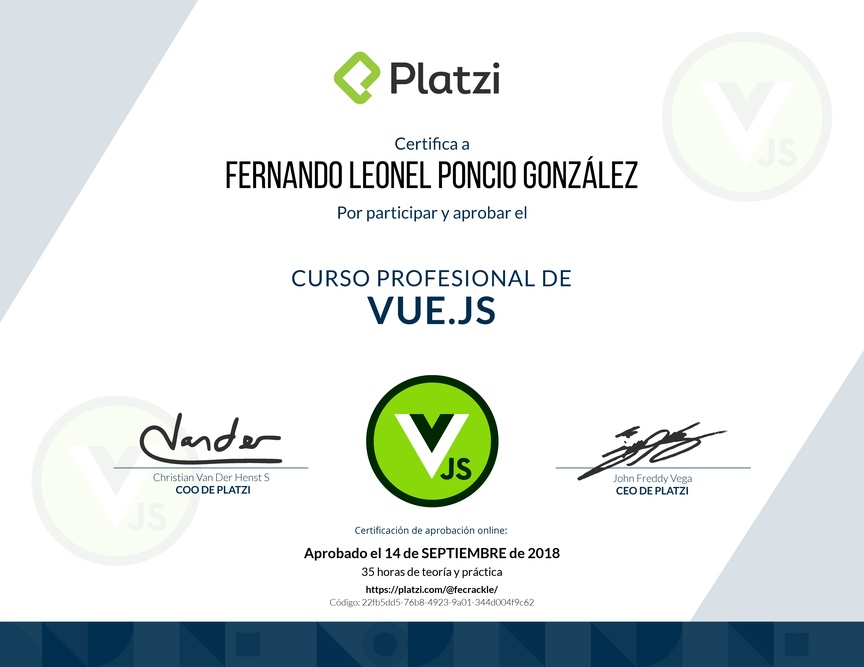 Diploma del Curso Profesional de Vue.js 2
