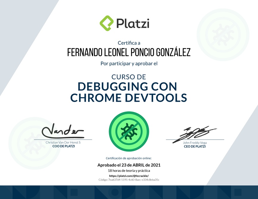 Diploma del Curso de Debugging con Chrome DevTools