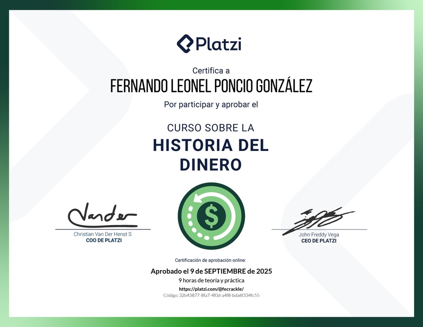 Diploma del Curso Sobre la Historia del Dinero
