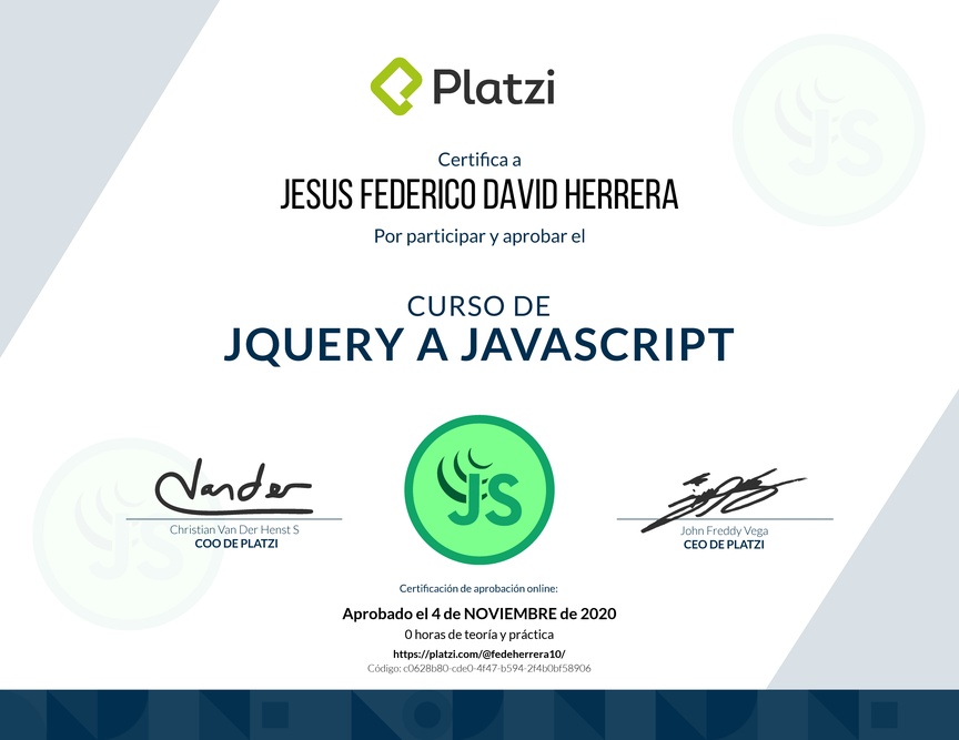 Diploma del Curso de jQuery a JavaScript 2018