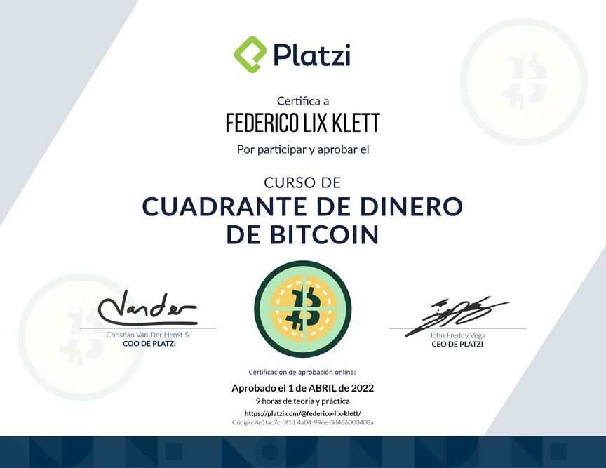 Diploma de Cuadrante de Dinero de Bitcoin y Criptomonedas
