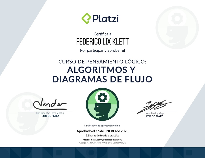 Diploma del Curso de Pensamiento Lógico: Algoritmos y Diagramas de Flujo