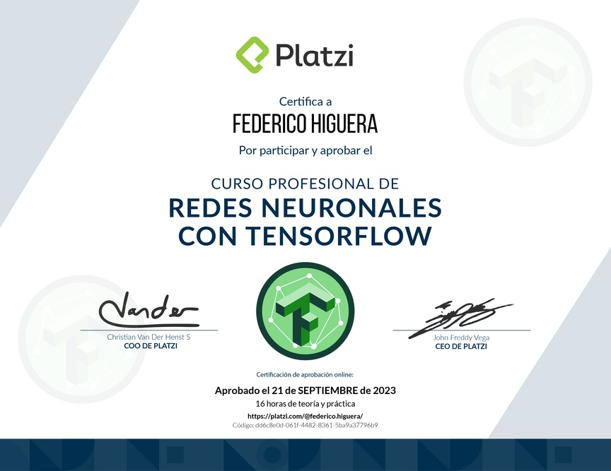 Diploma del Curso Profesional de Redes Neuronales con TensorFlow