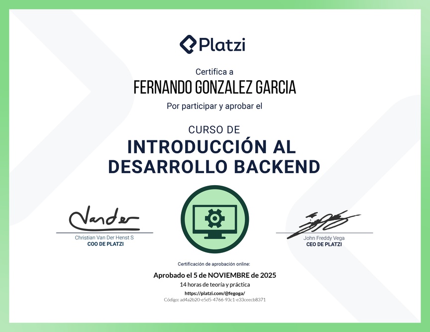 Diploma del Curso de Introducción al Desarrollo Backend