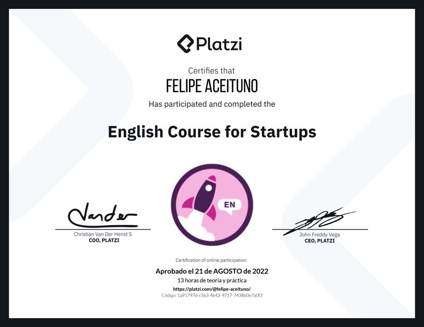 Diploma del Curso para Startups en Inglés (2021)