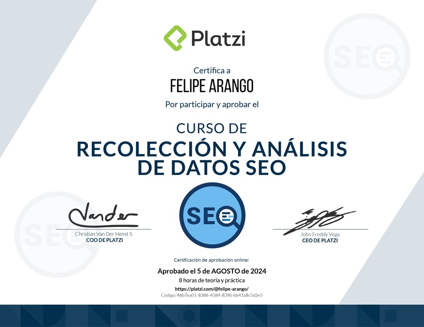 Diploma del Curso de Recolección y Análisis de datos SEO