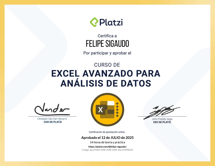 Diploma del Curso de Excel Avanzado para Análisis de Datos