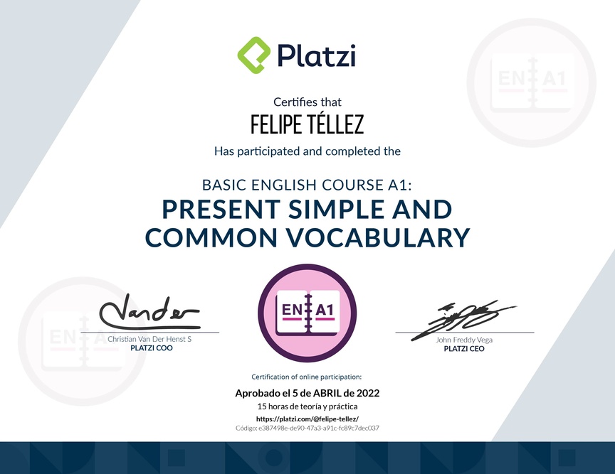 Diploma del Curso de Inglés Básico A1: Presente Simple y Vocabulario Común (2021)