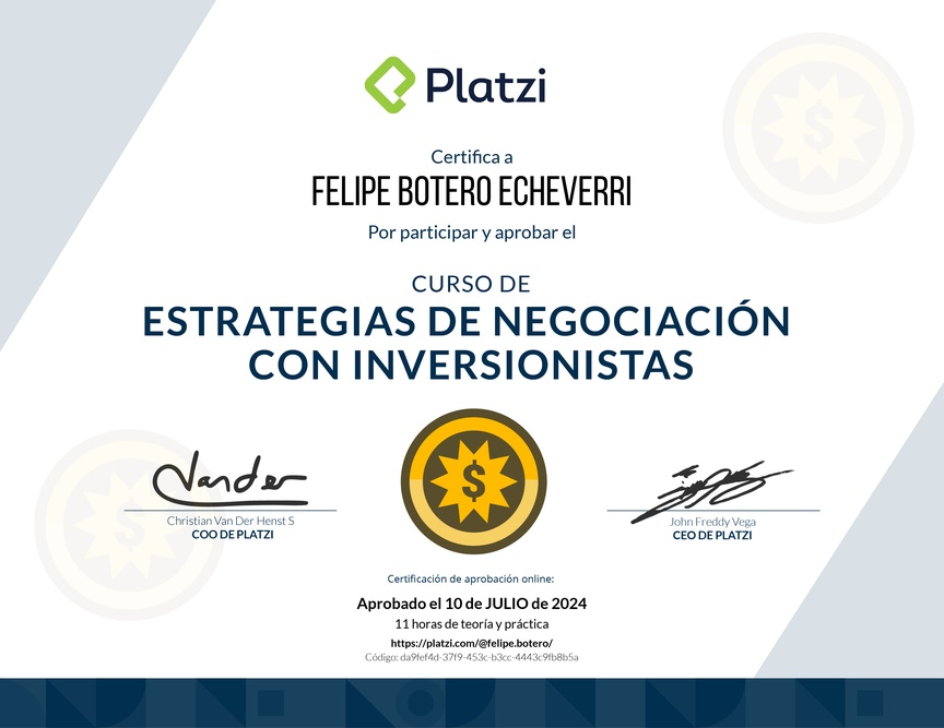 Diploma del Curso de Estrategias de Negociación con Inversionistas