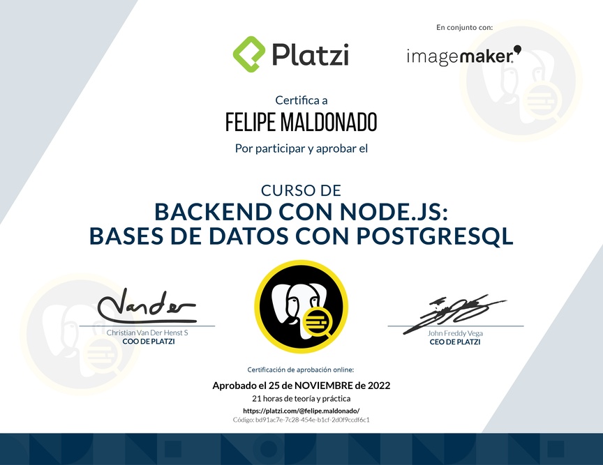 Diploma del Curso de Backend con Node.js: Base de Datos con PostgreSQL