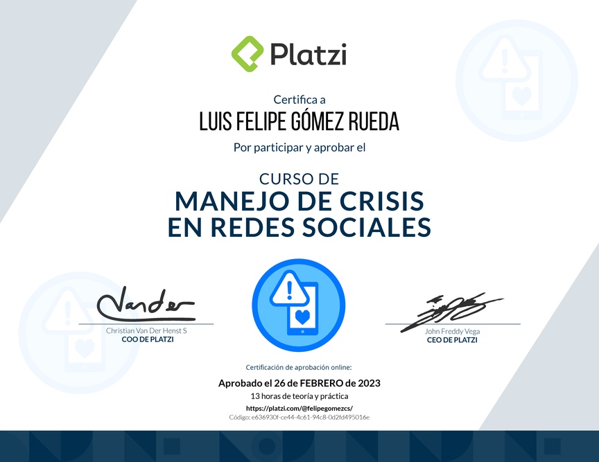 Diploma del Curso de Prevención y Respuesta a Crisis en Redes Sociales