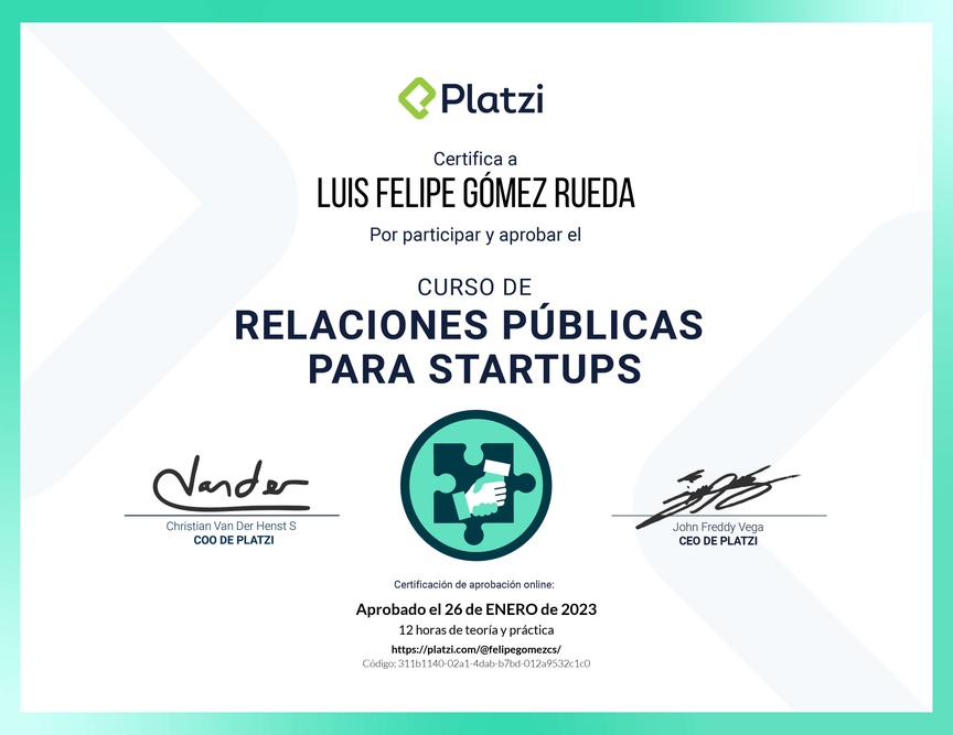 Diploma del Curso de Relaciones Públicas para Startups