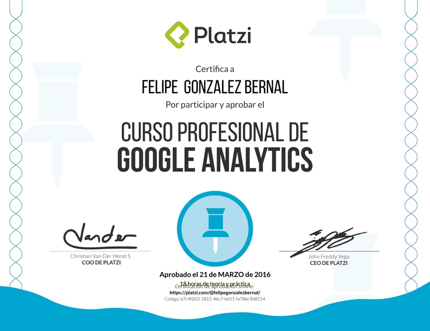 Diploma del Curso Profesional de Google Analytics 2015