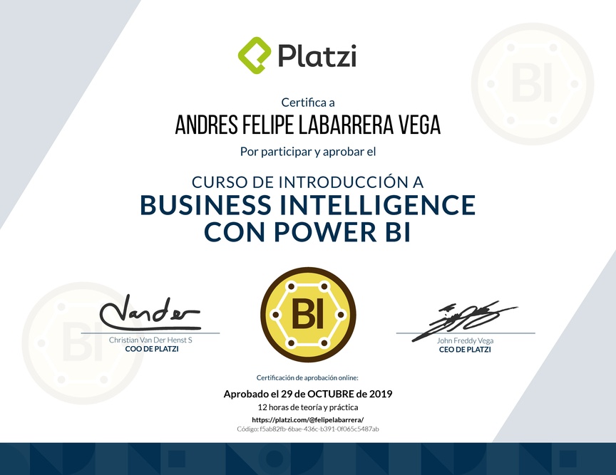 Diploma del Curso de Introducción a Business Intelligence con Power BI