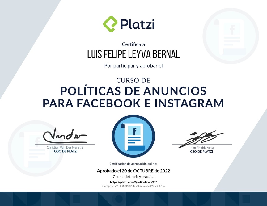 Diploma del Curso de Políticas de Anuncios en Facebook e Instagram