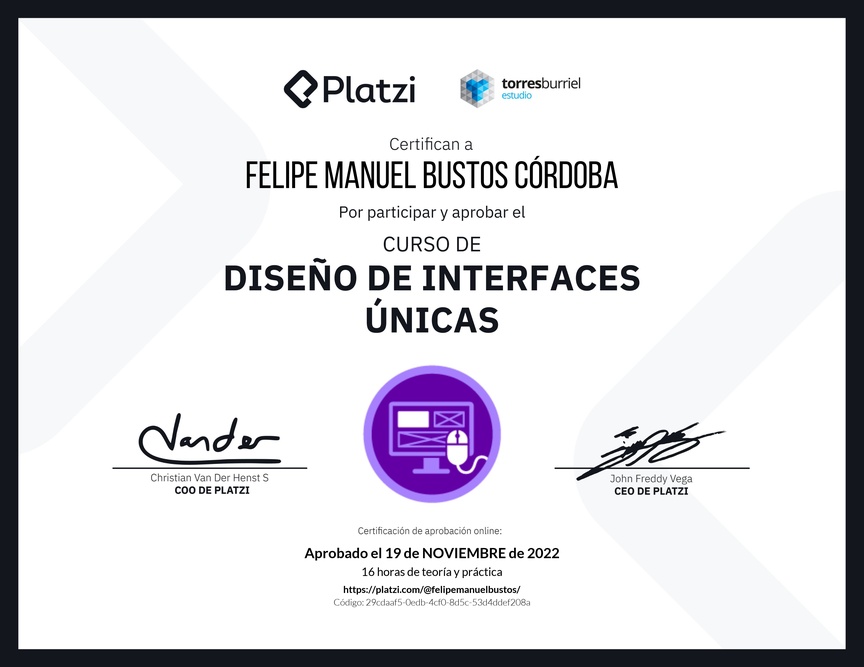 Diploma del Curso de Diseño de Interfaces Únicas