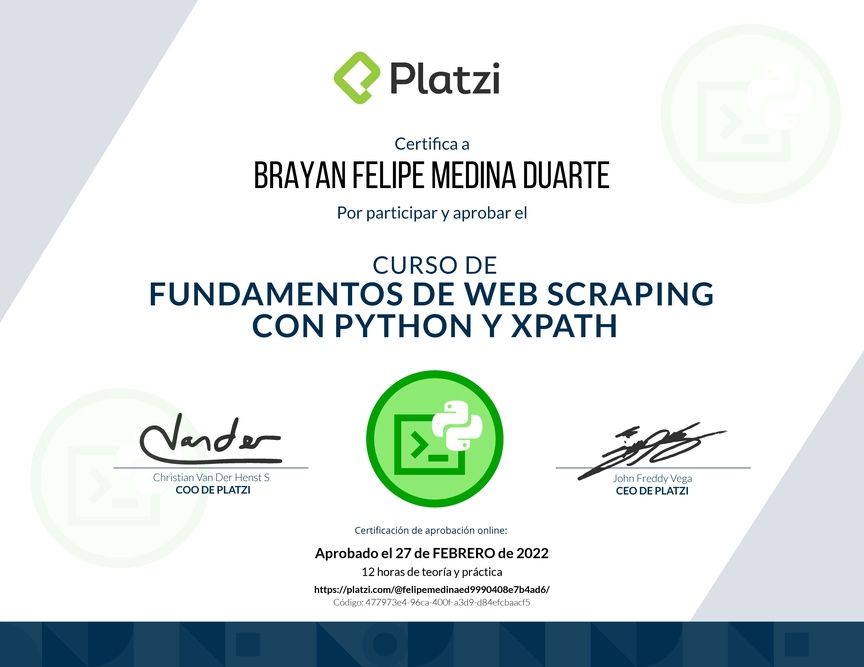 Diploma del Curso de Fundamentos de Web Scraping con Python y Xpath