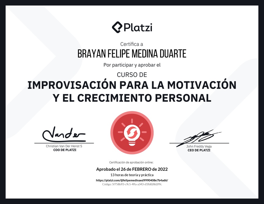 Diploma del Curso de Improvisación para la Motivación y el Crecimiento Personal