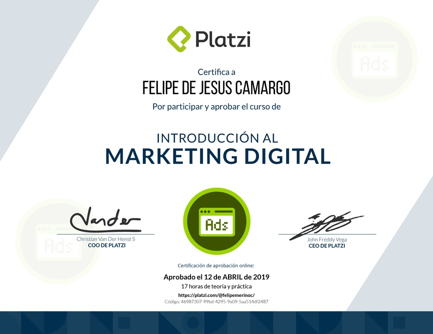 Diploma del Curso de Introducción al Marketing Digital (2018)