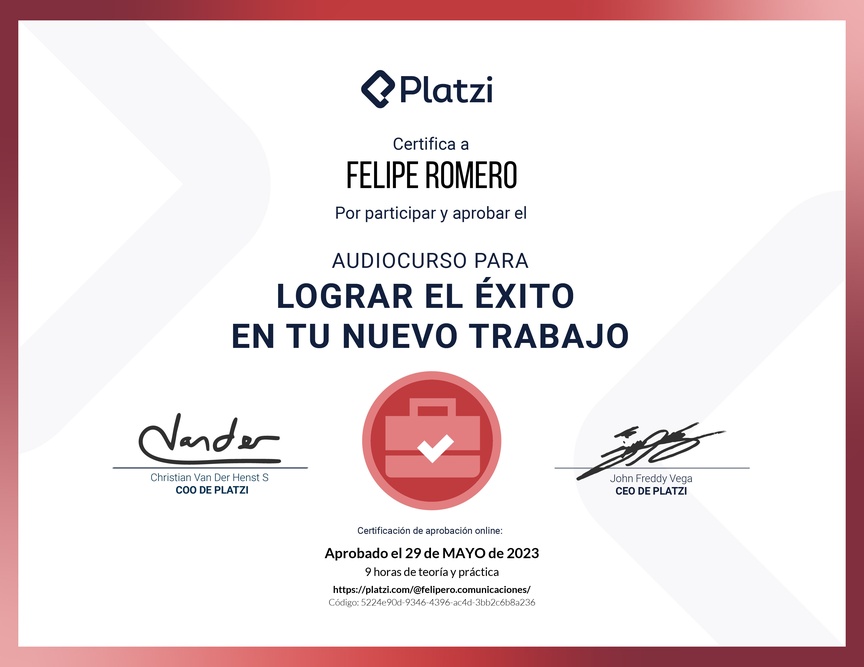 Diploma de Audiocurso para Lograr el Éxito en tu Nuevo Trabajo