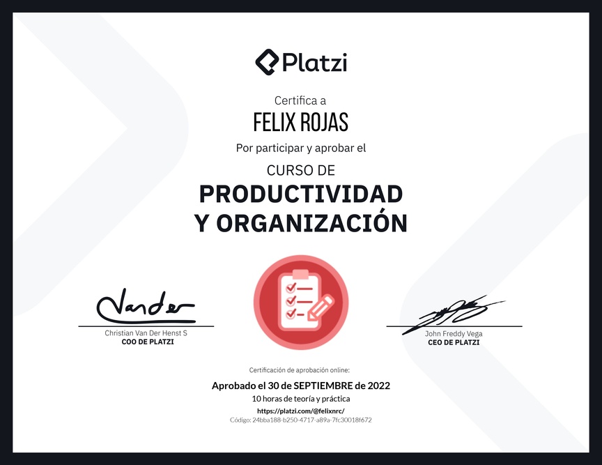 Diploma del Curso de Productividad y Organización