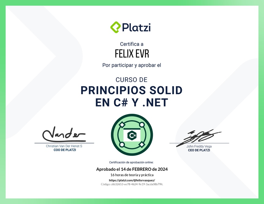 Diploma del Curso de Principios SOLID en C# y .NET
