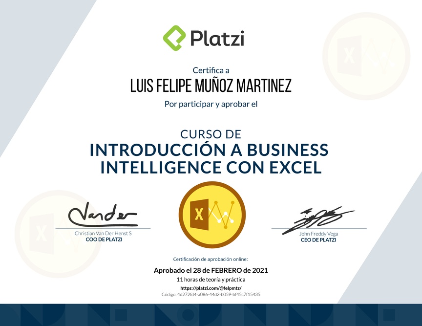 Diploma del Curso de Introducción a Business Intelligence con Excel