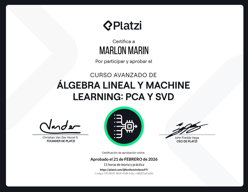 Diploma del Curso Avanzado de Álgebra Lineal y Machine Learning: PCA y SVD