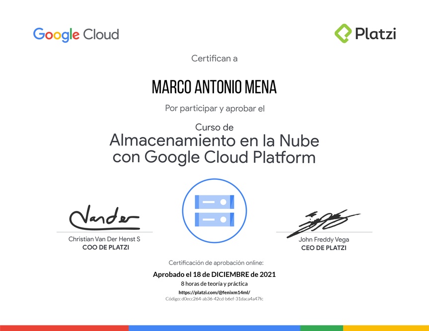 Diploma del Curso de Almacenamiento en la Nube con Google Cloud Platform