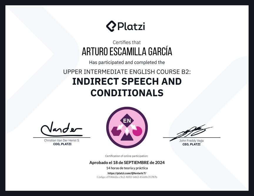 Diploma del Curso de Inglés Intermedio Alto B2: Discurso Indirecto y Condicionales