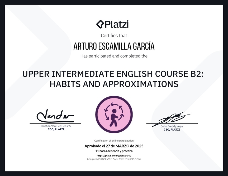 Diploma del Curso de Inglés Intermedio Alto B2: Hábitos y Aproximaciones