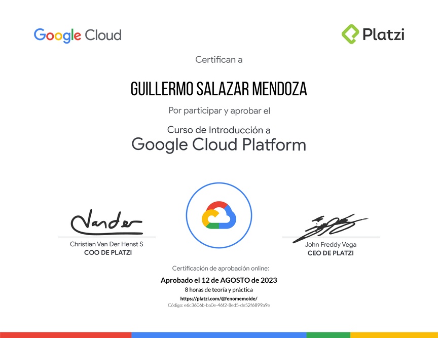 Diploma del Curso de Introducción a Google Cloud Platform