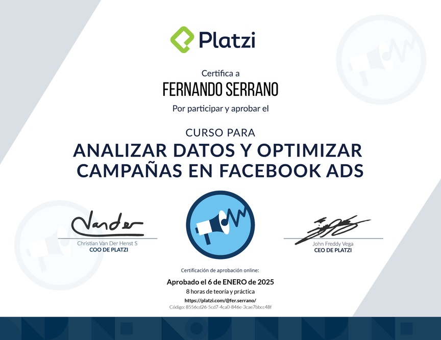 Diploma del Curso para  Analizar Datos y Optimizar Campañas en Facebook Ads