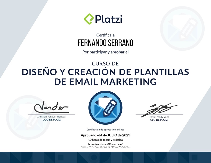 Diploma del Curso de  Diseño y Creación de Plantillas de Email Marketing