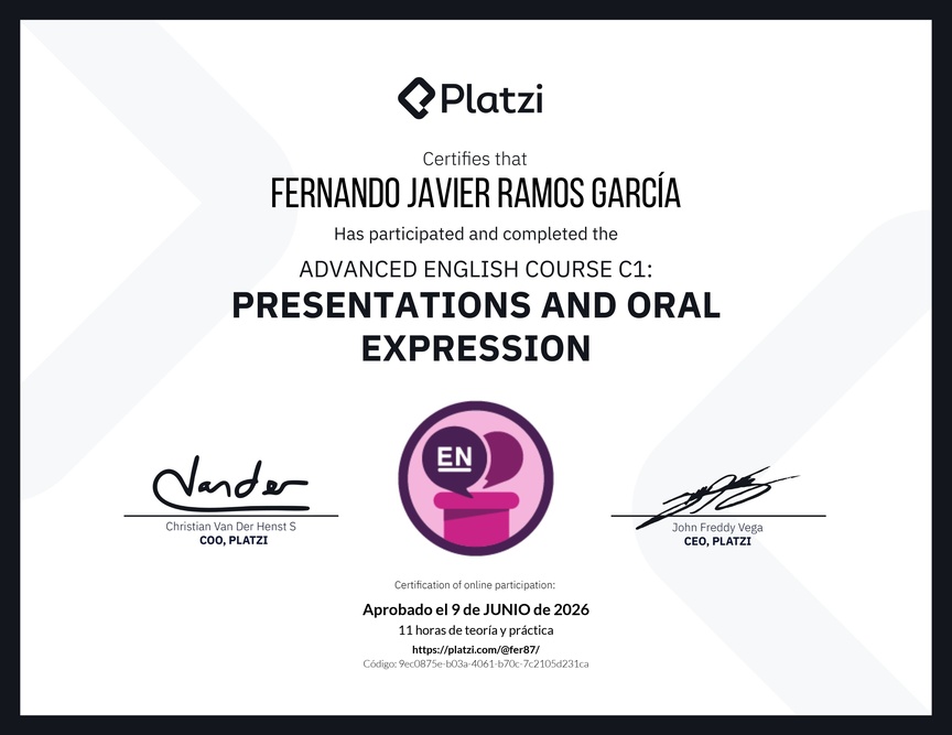 Diploma del Curso de Inglés Avanzado C1: Presentaciones y Expresión Oral
