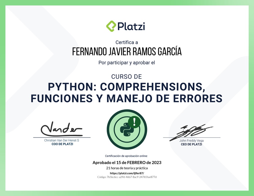 Diploma del Curso de Python: Comprehensions, Funciones y Manejo de Errores
