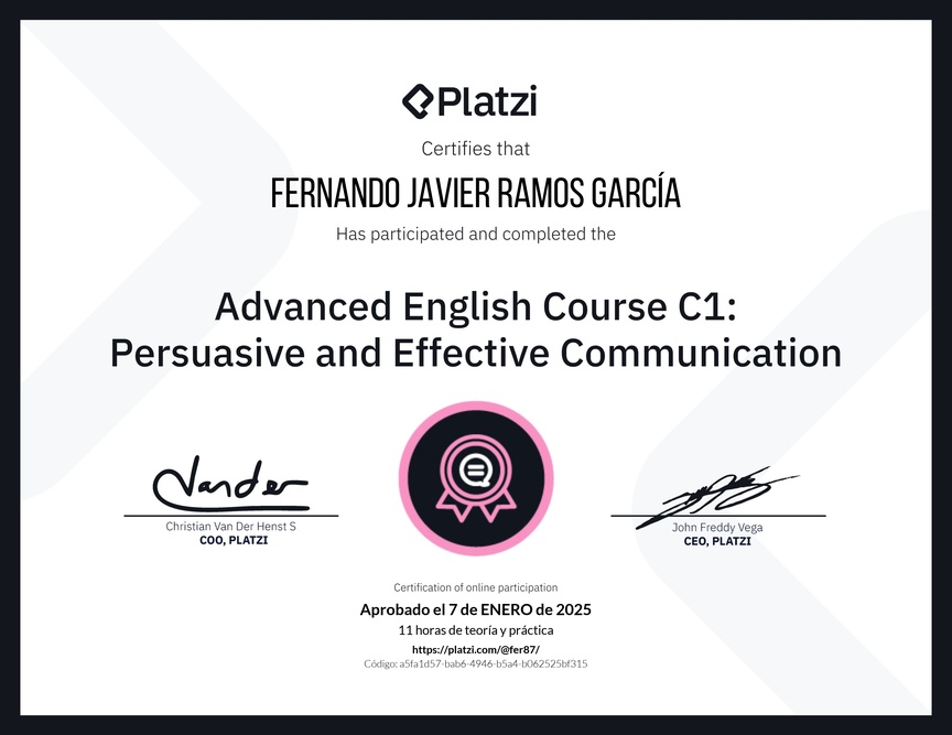 Diploma del Curso de Inglés Avanzado C1: Comunicación Persuasiva y Efectiva