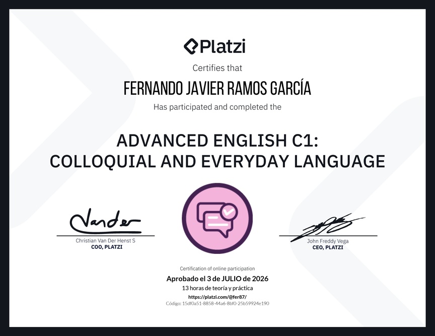 Diploma del Curso de Inglés Avanzado C1: Lenguaje Coloquial y Habitual
