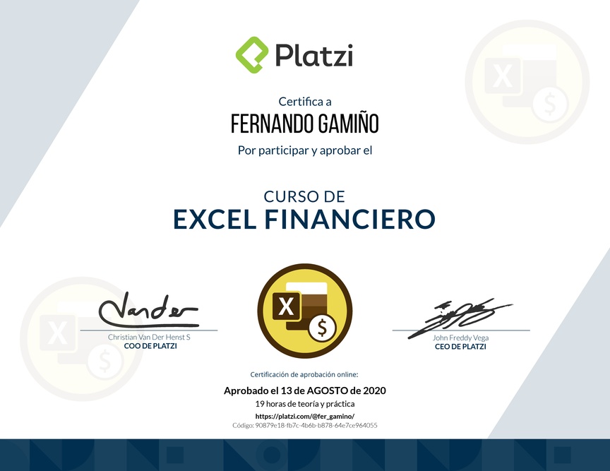 Diploma del Curso de Análisis Financiero en Excel