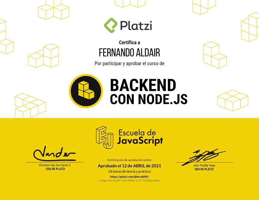 Diploma del Curso de Backend con Node.js 2019