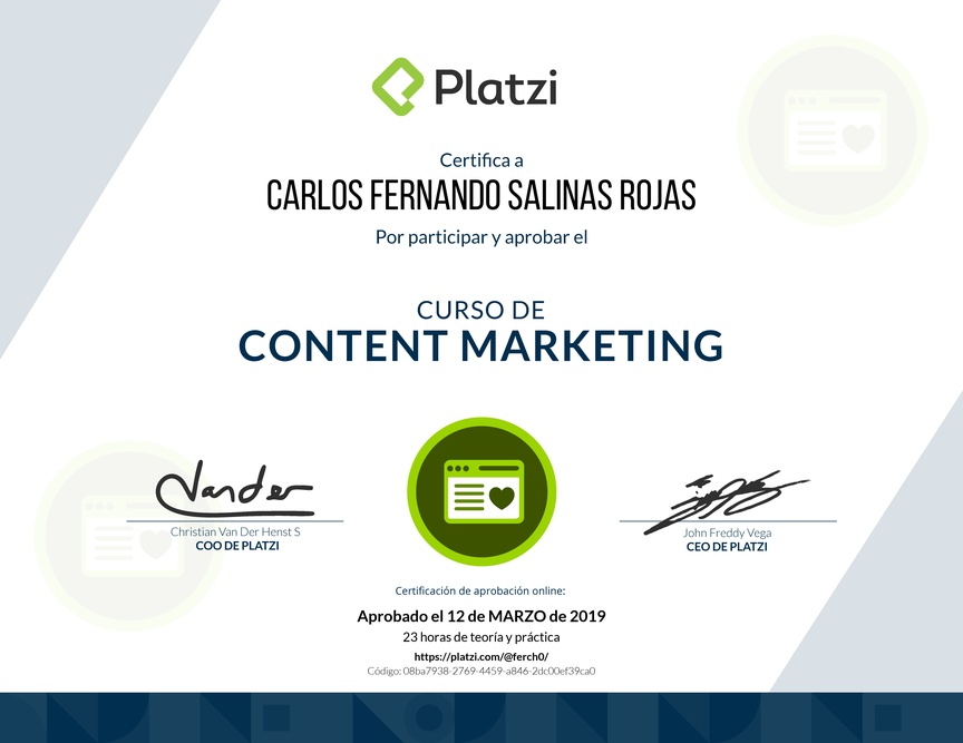 Diploma del Curso de Content Marketing 2017