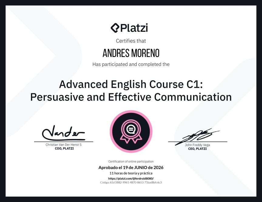 Diploma del Curso de Inglés Avanzado C1: Comunicación Persuasiva y Efectiva