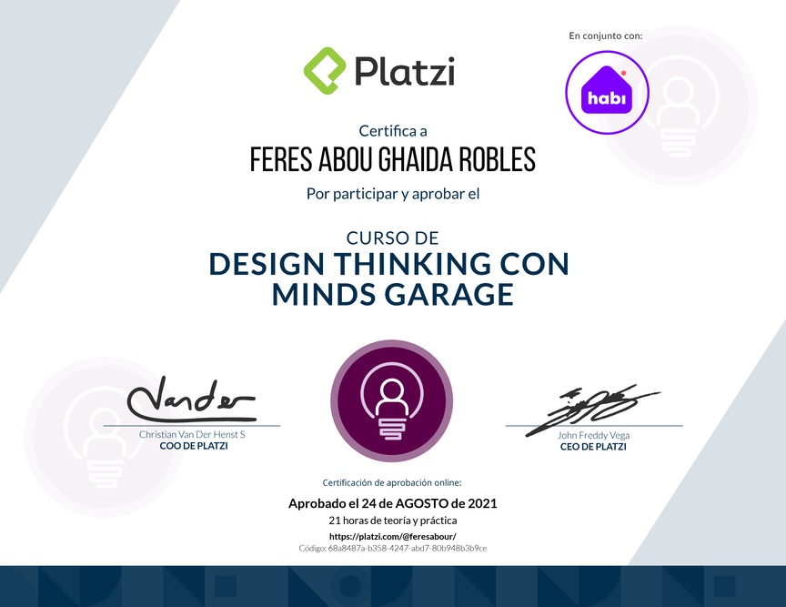 Diploma del Curso de Design Thinking con Minds Garage
